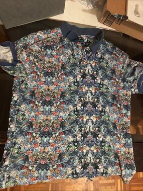 Men's Navy Multicolor Tropical-Print Polo